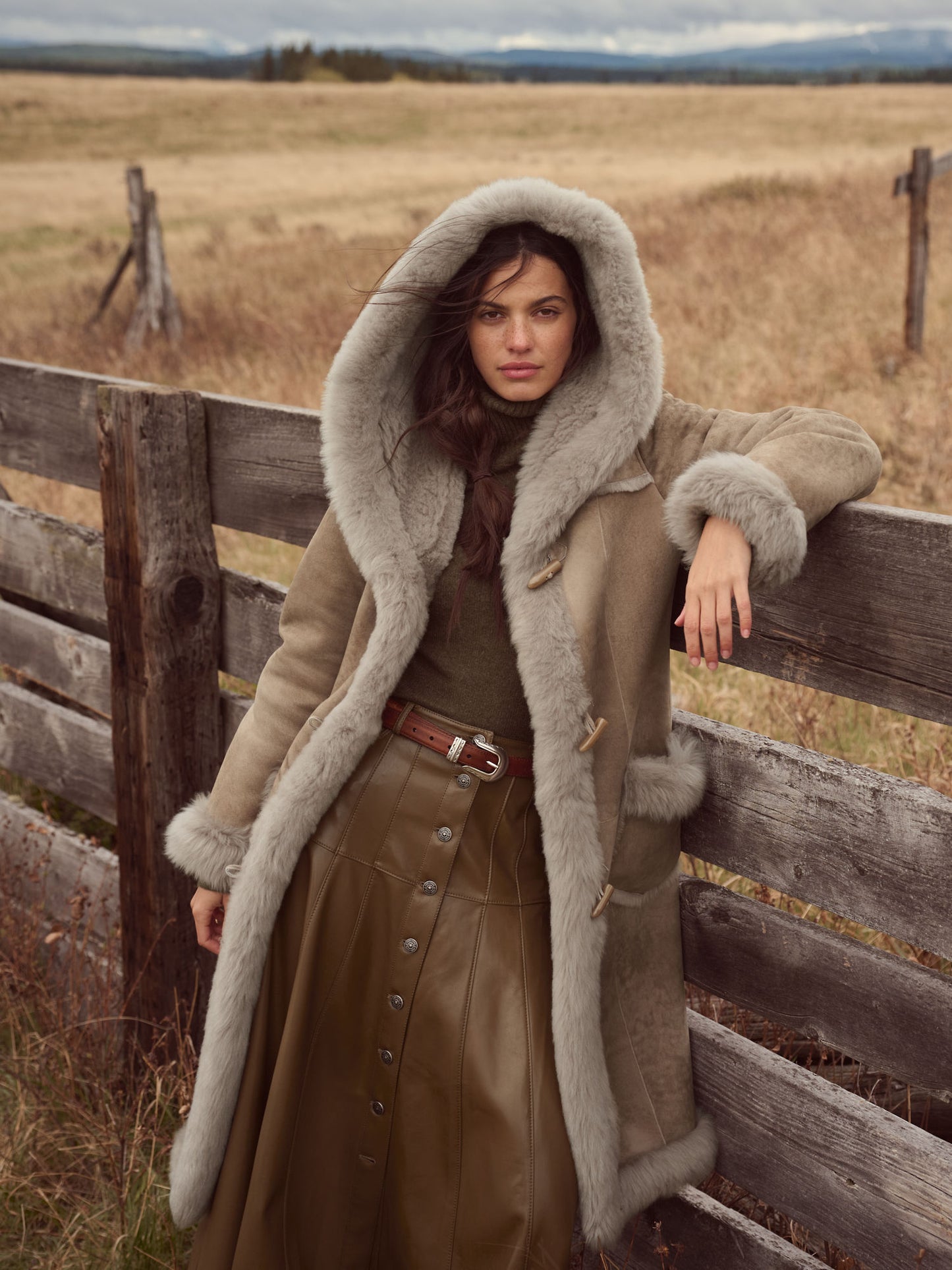 Women Sheepskin Grey Shearling Long Coat