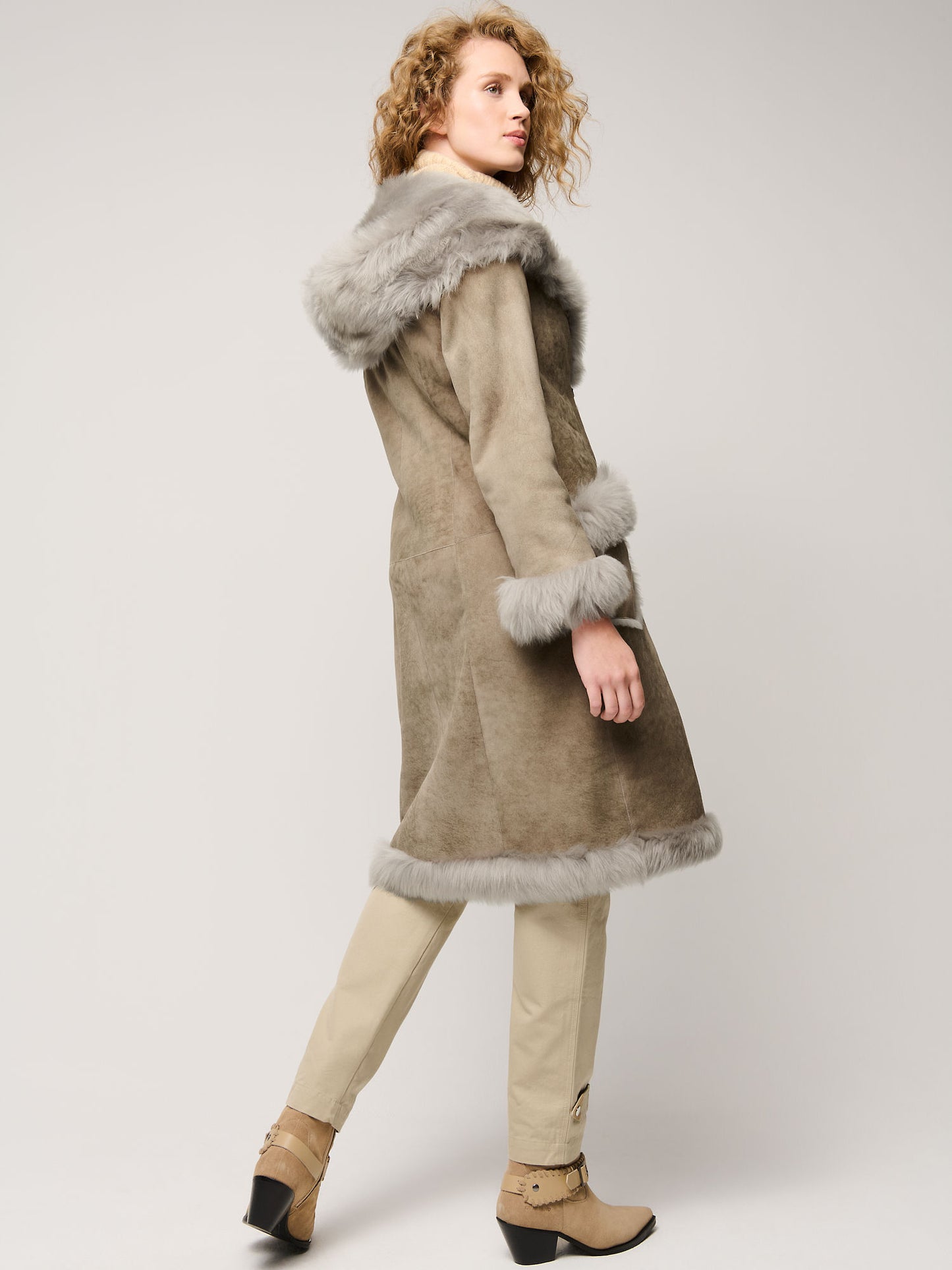 Women Sheepskin Grey Shearling Long Coat