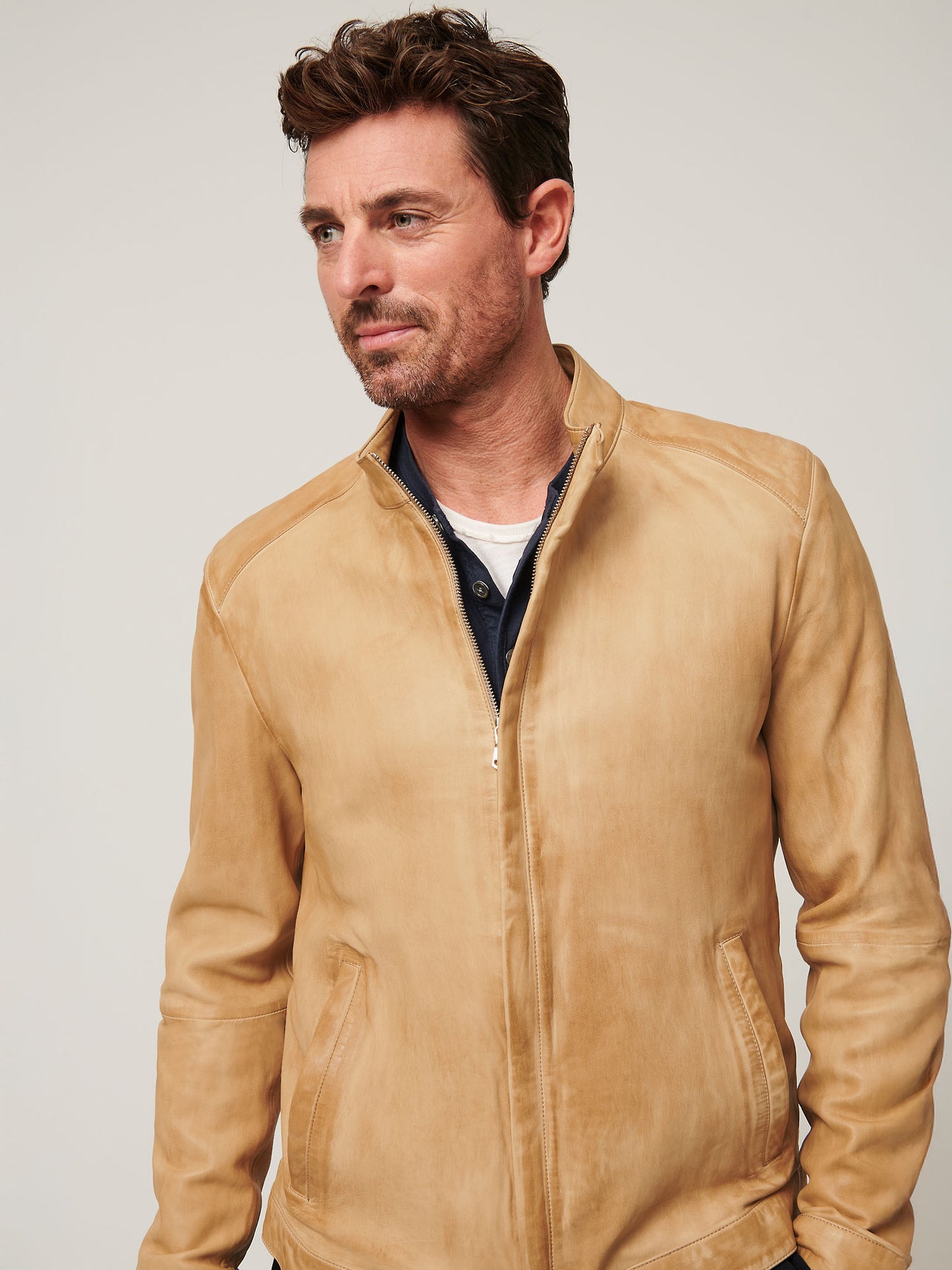 Men Beige Suede Leather Jacket