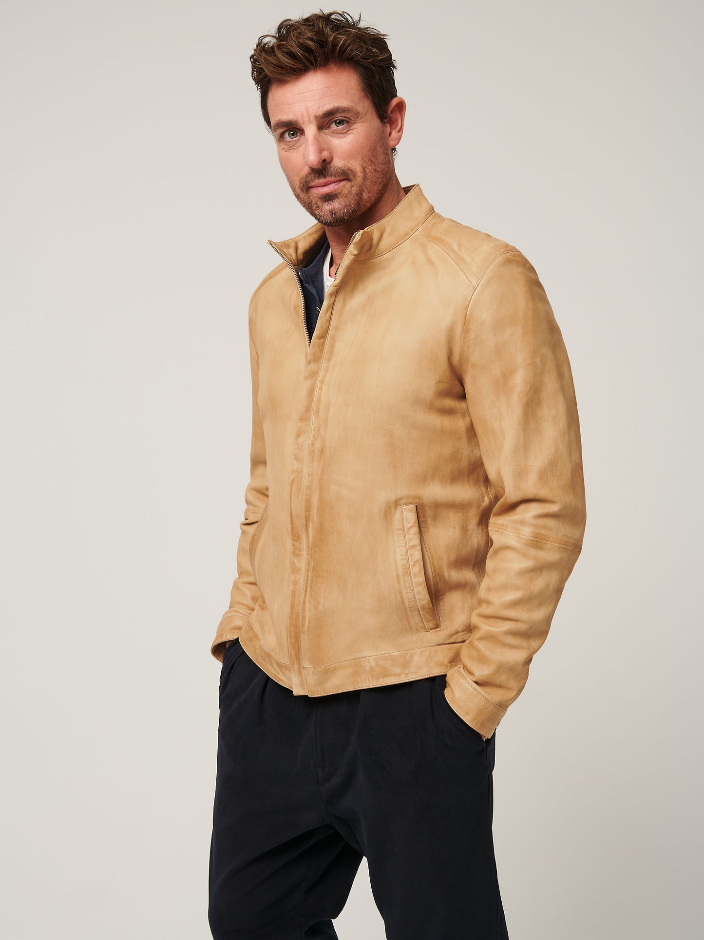 Men Beige Suede Leather Jacket