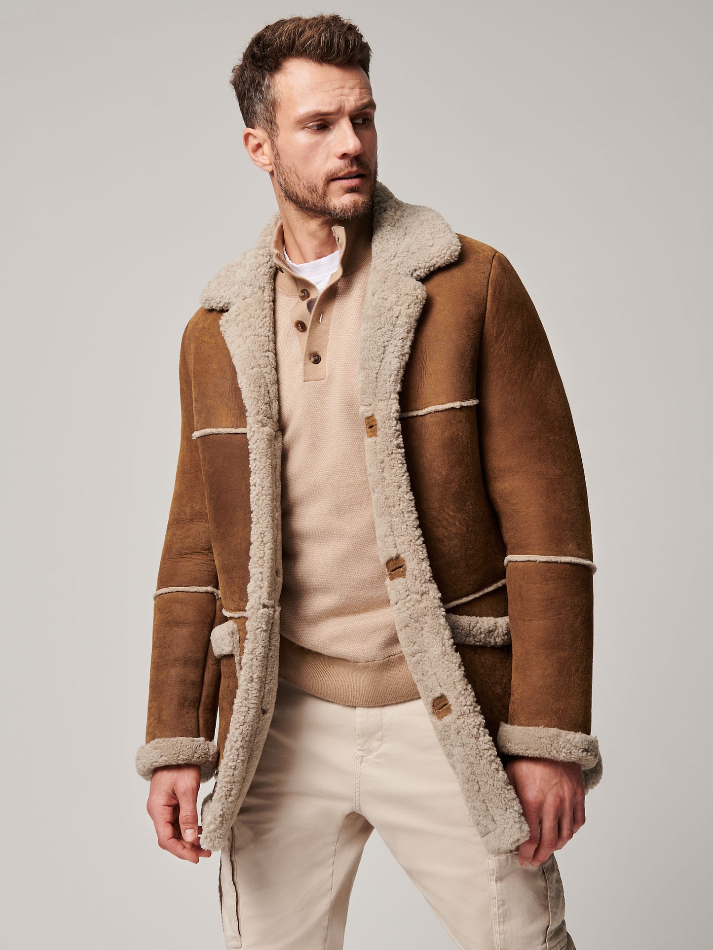 Men Sheepskin Suede Leather Shearling Coat