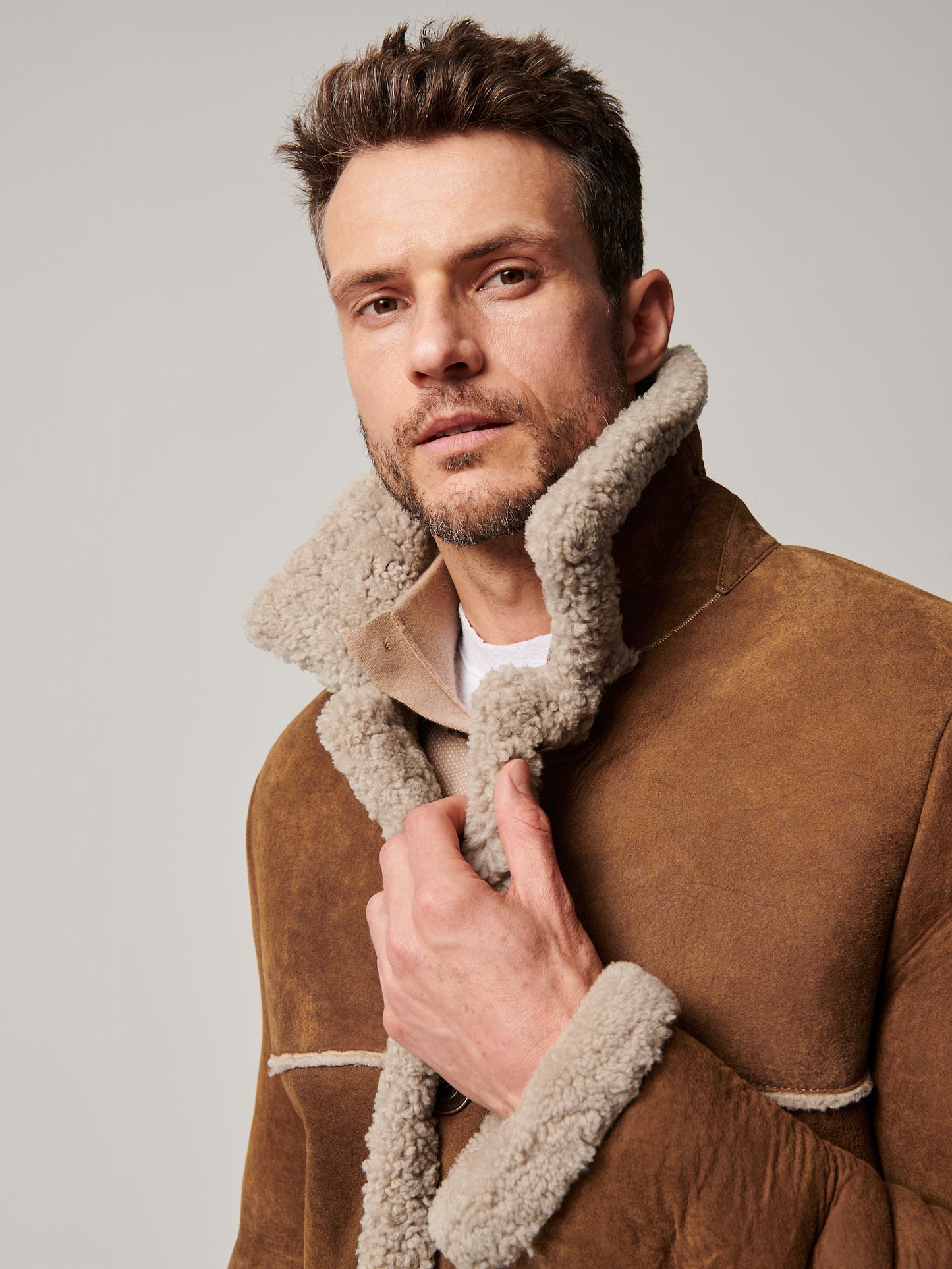 Men Sheepskin Suede Leather Shearling Coat