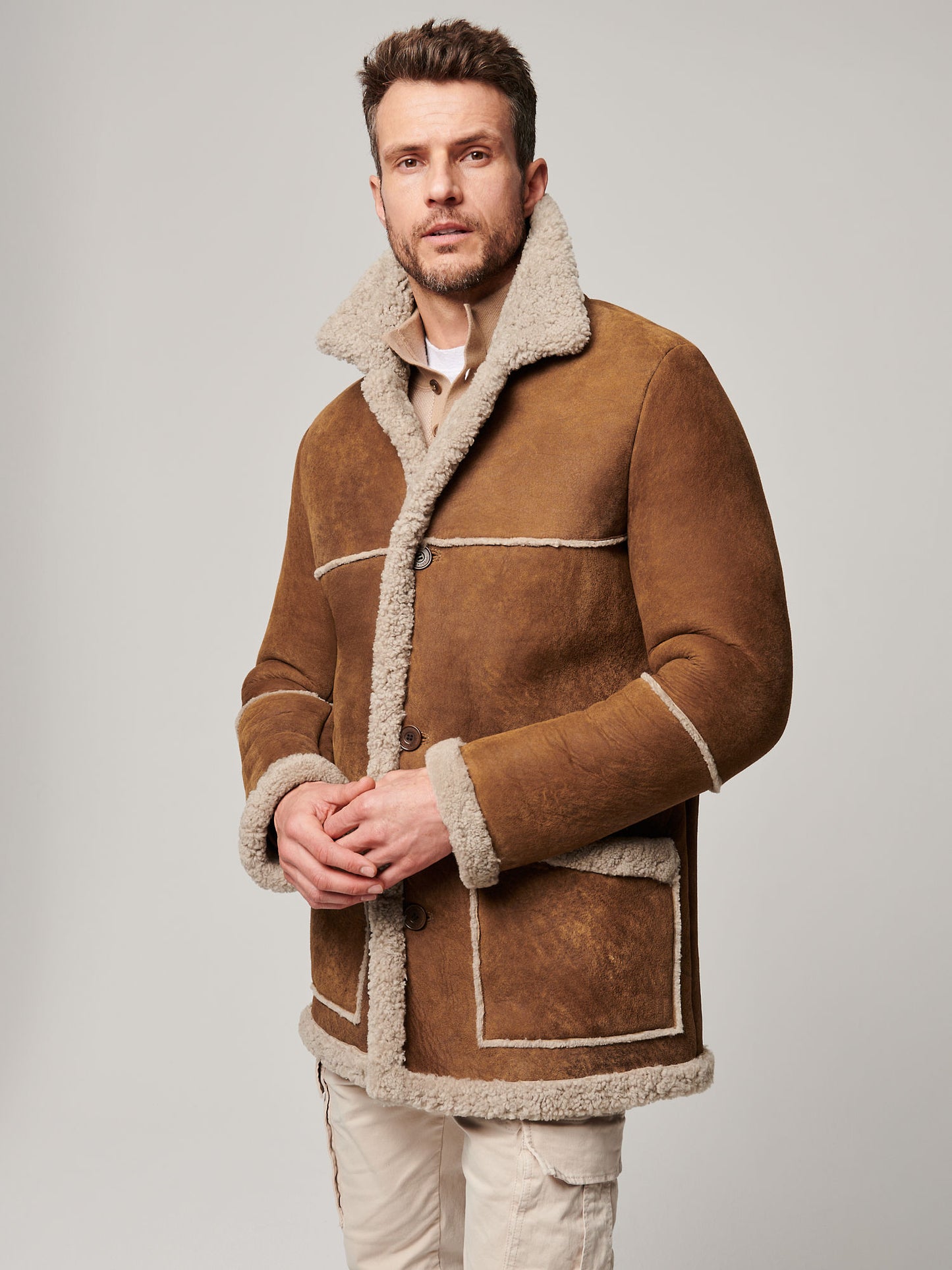 Men Sheepskin Suede Leather Shearling Coat