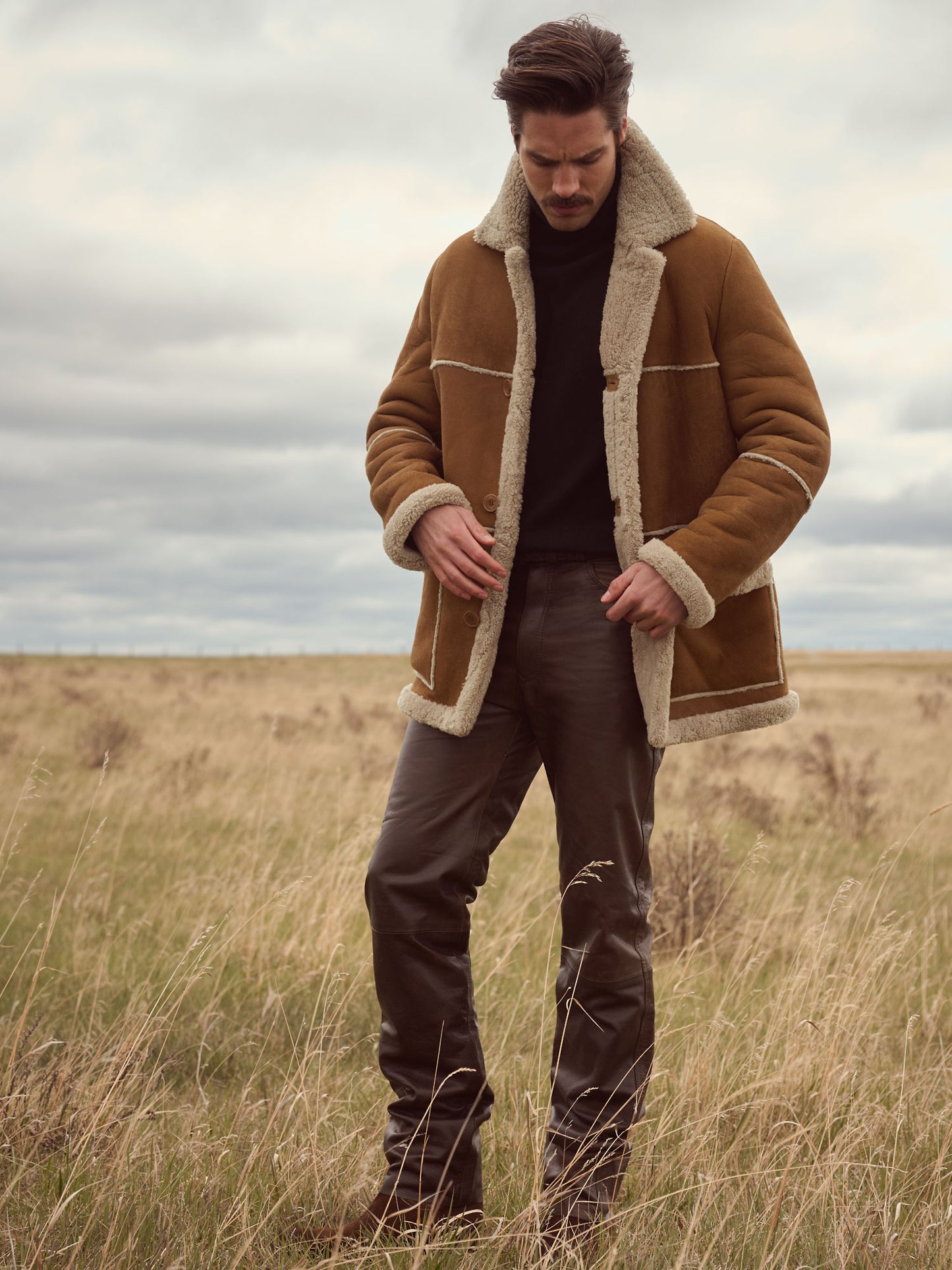Men Sheepskin Suede Leather Shearling Coat