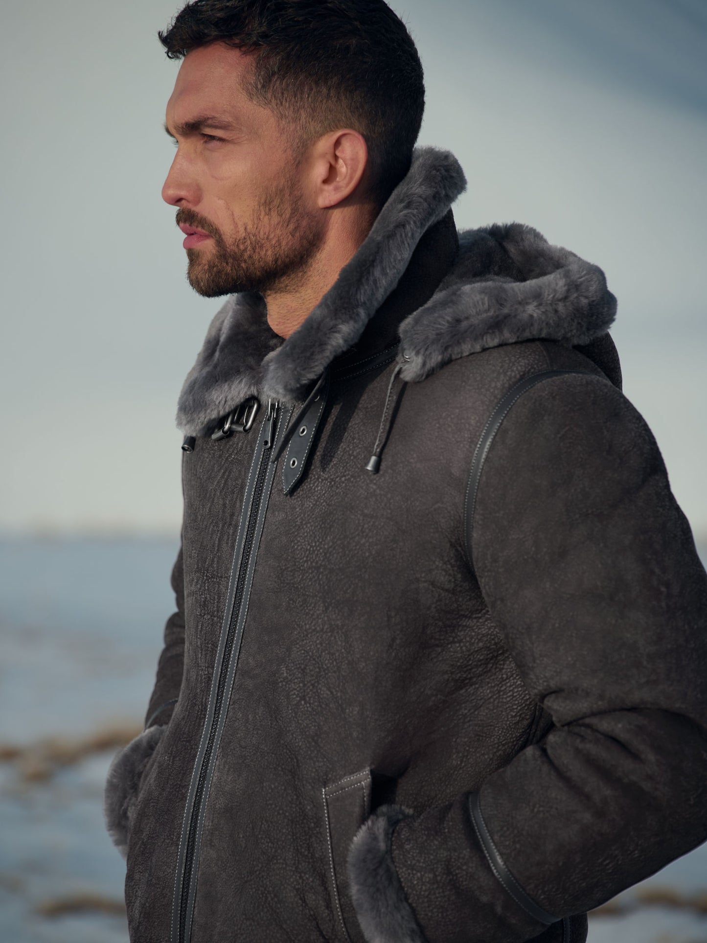 Men Classic Grey B-3 Aviator Hooded Jacket
