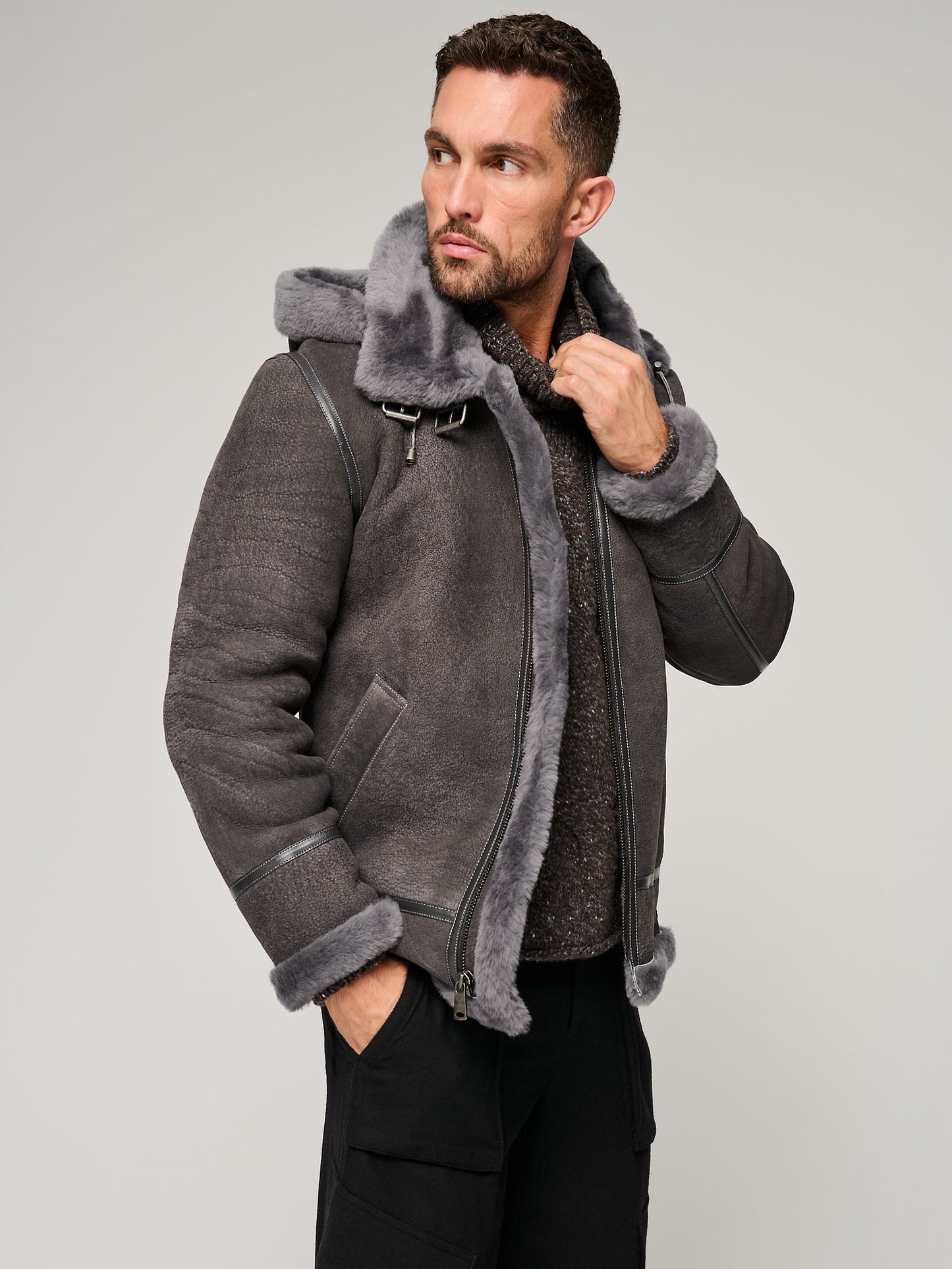 Men Classic Grey B-3 Aviator Hooded Jacket