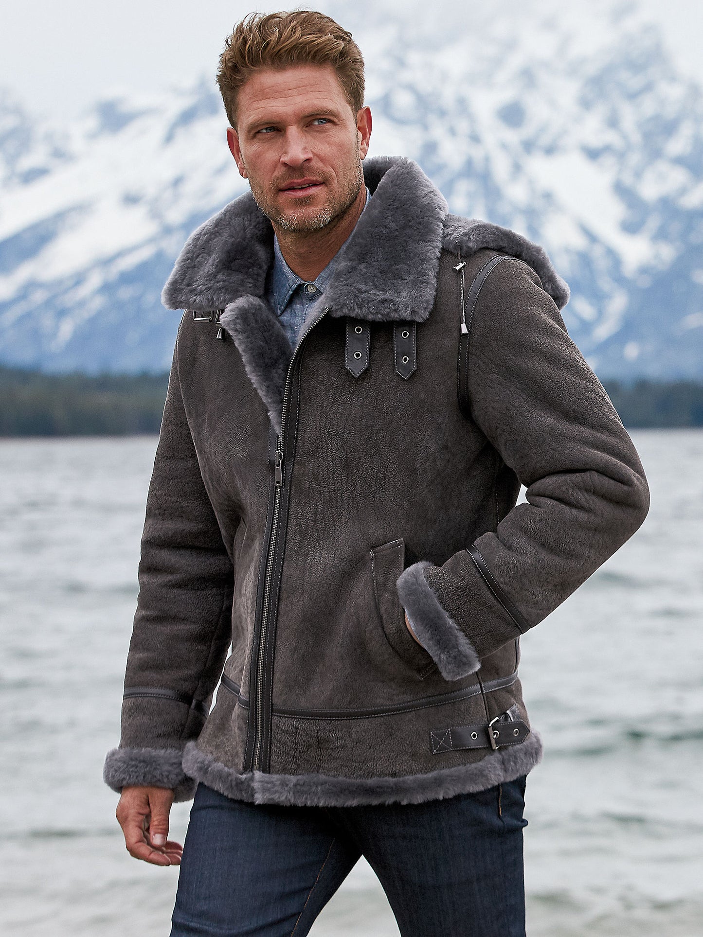 Men Classic Grey B-3 Aviator Hooded Jacket