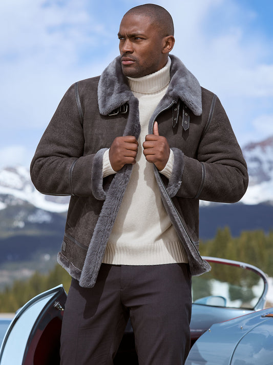 Men Classic Grey B-3 Aviator Hooded Jacket