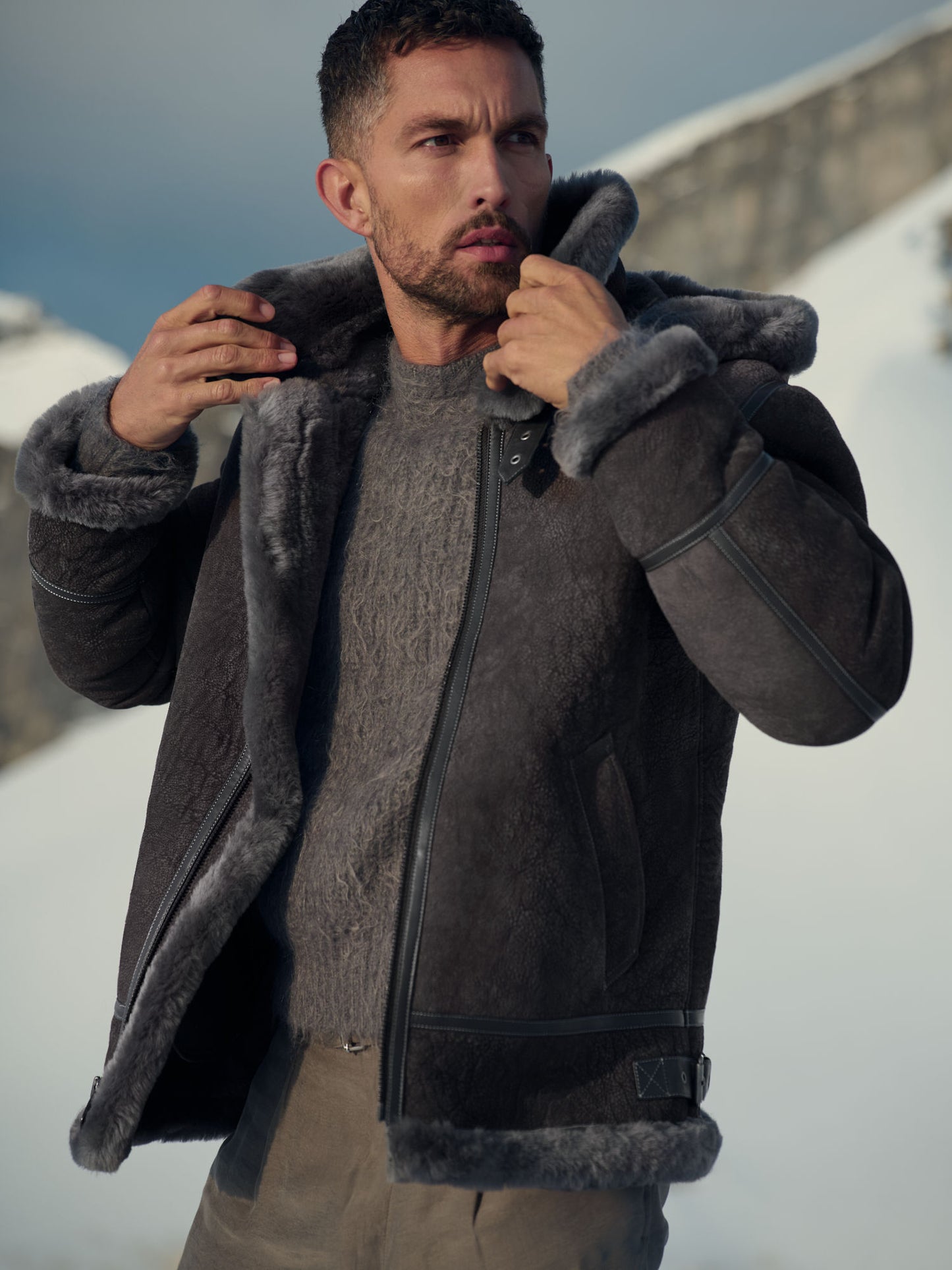 Men Classic Grey B-3 Aviator Hooded Jacket