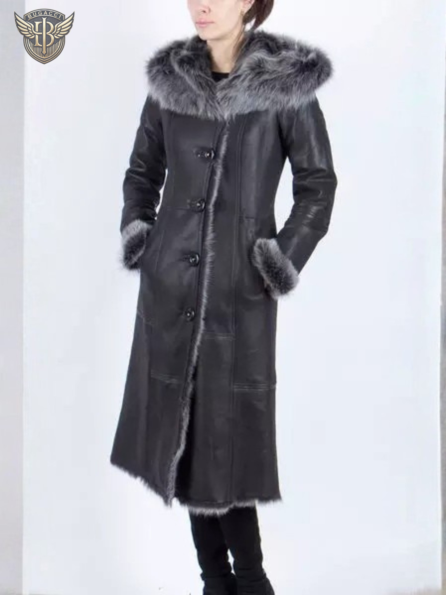 Women Black Shearling Hooded Coat