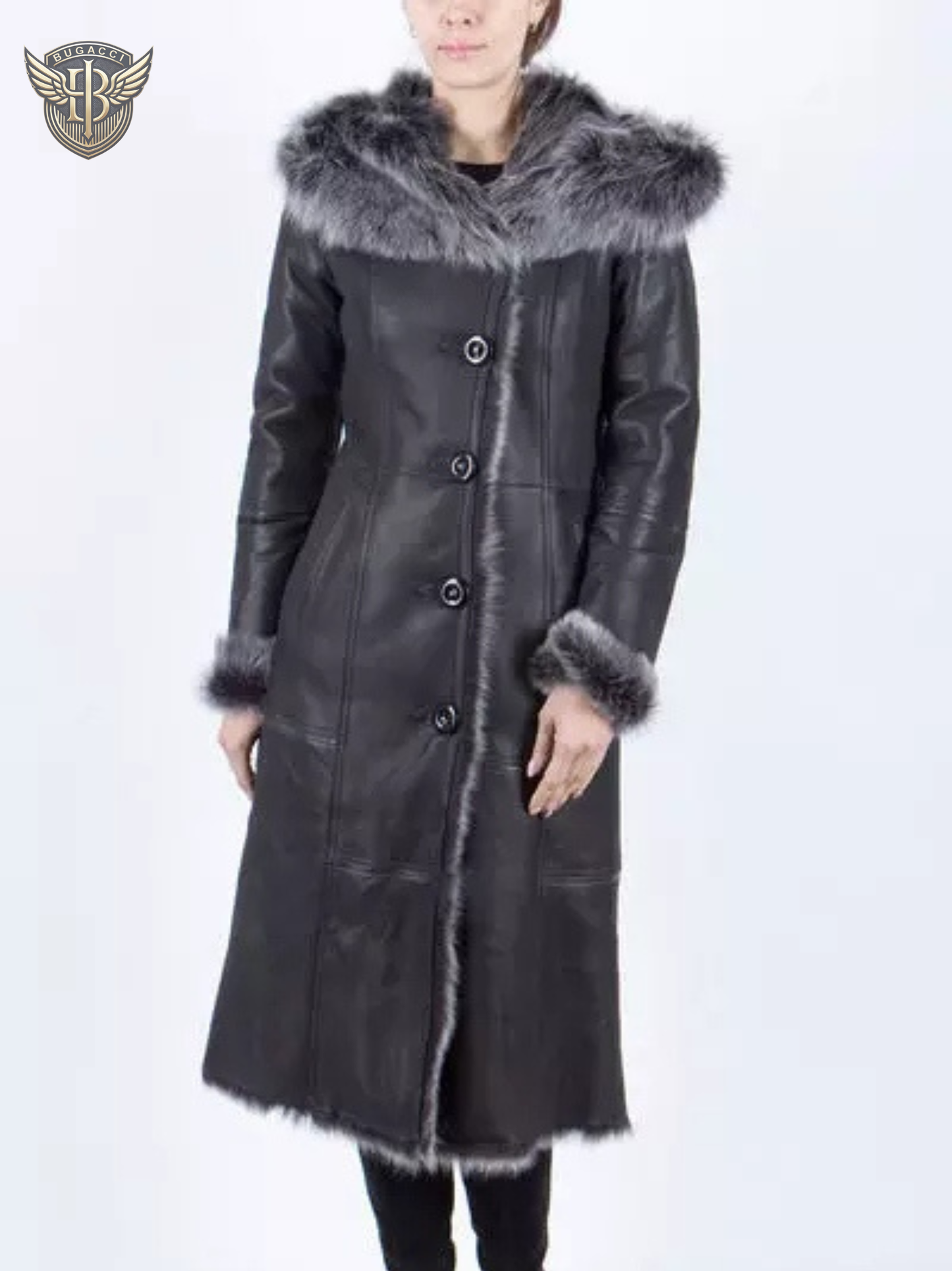 Women Black Shearling Hooded Coat
