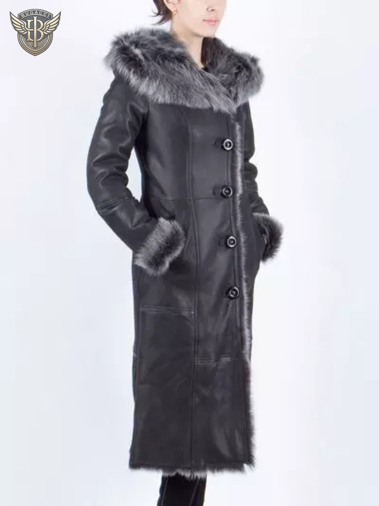 Women Black Shearling Hooded Coat